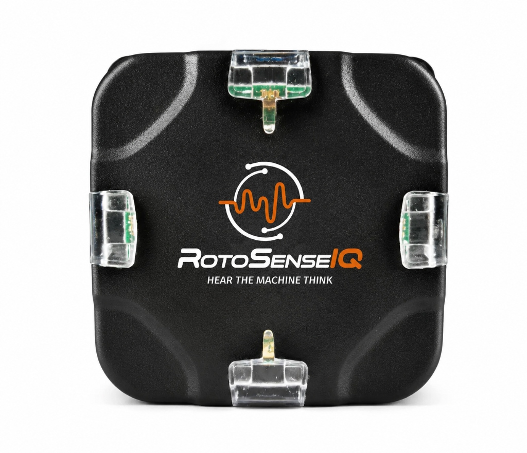 RotoSenseIQ sensor node with printed logo — IP66 housing, four mounting tabs